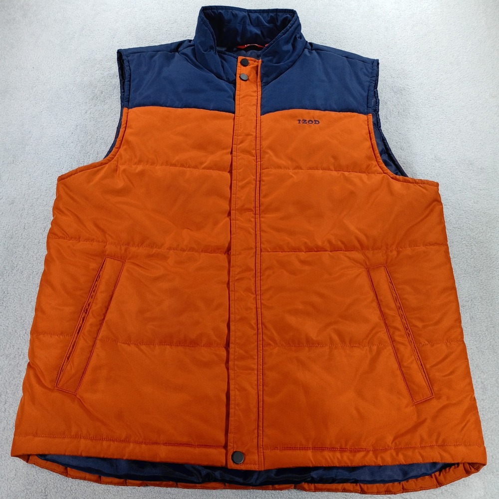 IZOD Mens Puffer Vest Orange Navy Blue Large Quilted Zip Front